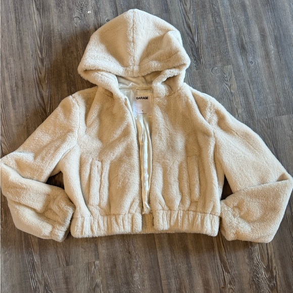 Garage Jackets & Blazers - Garage Clothing Cream Faux Fur Hooded Crop Coat Jacket M